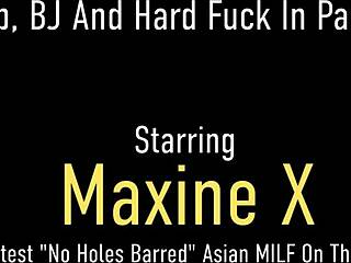 Maxine X's pantyhose-clad Asian feet fuck her hard man