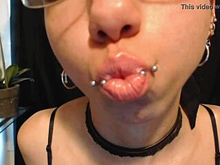 Petite goth teen, put on nude lipstick and drool all over it!