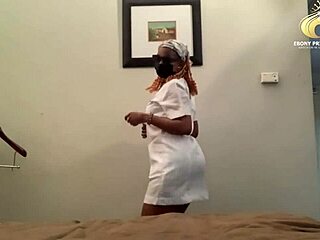 Ebony nurse bangs interviewer with big black cock blowjob and double penetration for hospital promotion