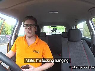 Fake driving instructor's friend bangs blonde in classroom with deepthroat blowjob