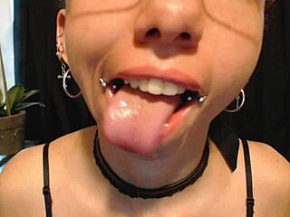 Petite goth teen, put on nude lipstick and drool all over it!