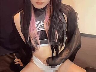 black-haired crossdressing asian in swimsuit quietly masturbates with cute shemale anal fucking