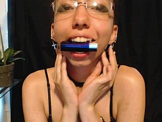 Petite goth teen, put on nude lipstick and drool all over it!