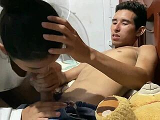 Colombian brunette teen in lingerie gets anal assfucking and blowjob in interracial couple sex