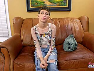 Will skinny hottie unity rub her shaved pussy and suck hard dick to swallow facial jizz