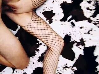 the cute milf wife dons erotic fishnet bodysuit for homemade anal pov. she spreads legs beautifully in intimate couple sex.