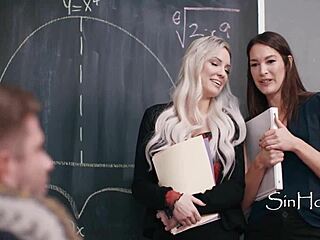 dyke teachers blonde katrina colt and kenzie taylor help male colleague nathan bronson with hardcore blowjob and tight pussy threesome.