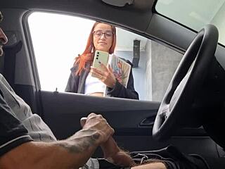 redhead college girl risks public masturbation on the street in her car