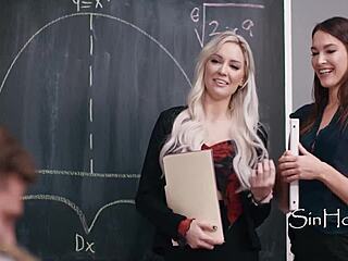 dyke teachers blonde katrina colt and kenzie taylor help male colleague nathan bronson with hardcore blowjob and tight pussy threesome.