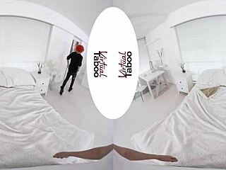 What hints at the brunette's shaved pussy in this virtual taboo home porn prank with pov handjob