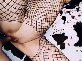 the cute milf wife dons erotic fishnet bodysuit for homemade anal pov. she spreads legs beautifully in intimate couple sex.