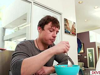 Guy boldly tit fucks and licks busty blonde stepmom in intense bedroom session