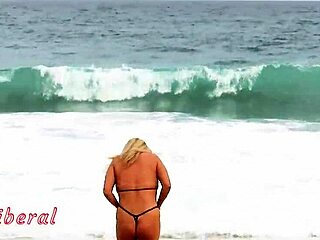 Bold blonde Latina milf flashes big ass in micro bikini on Rio beach for public exhibitionist thrill