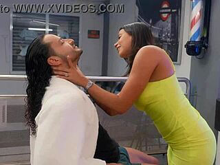 Slutty Latina stylist starts seducing her favorite client right in the chair. She fucks him wildly during the haircut