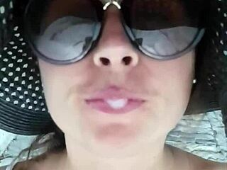 Public Tease with Blowjob from Hot Stepmom Showing Big Ass and Natural Tits Outdoors