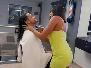 Slutty Latina stylist starts seducing her favorite client right in the chair. She fucks him wildly during the haircut