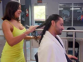 Slutty Latina stylist starts seducing her favorite client right in the chair. She fucks him wildly during the haircut