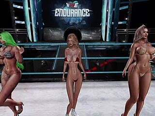 In this virtual pro wrestling event, participants compete in a bikini contest with athletic moves.