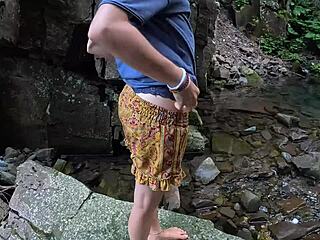 brunette babe with perfect ass undresses in public and masturbates her shaved pussy to orgasm