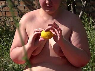 BBW Pushes Lemon Out Of Hairy Pussy With Gaping Hole And Sturdy Vaginal Muscles In Outdoor Orgasm