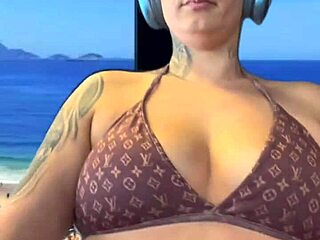 Training at Ipanema Beach Gym in Wet Bikini with Sweat Dripping Down Legs and Natural Tits Showing