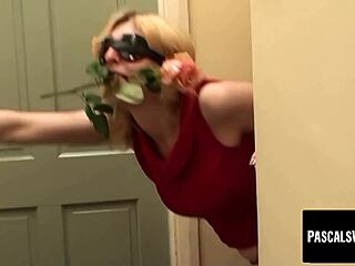 Romantic blonde with rose in mouth gets kinky blindfolded bondage session