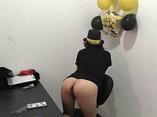 The new executive moans like a whore while trying the anal plug her boyfriend gave her at work.