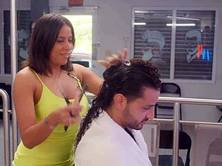 Slutty Latina stylist starts seducing her favorite client right in the chair. She fucks him wildly during the haircut
