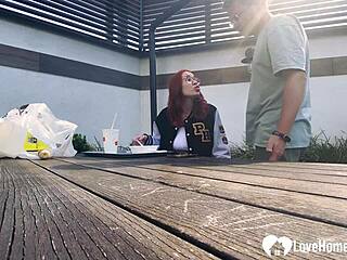 Redhead with Glasses on Knees Giving Deepthroat Handjob to Horny Man's Shaved Pussy!