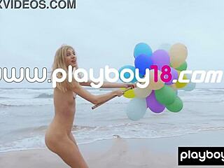 Skinny Italian Milf Blondie Farncy Torino Feels Joy Playing with Balloons on Beach in Softcore Striptease