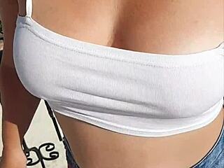 Public Tease with Blowjob from Hot Stepmom Showing Big Ass and Natural Tits Outdoors