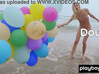Skinny Italian Milf Blondie Farncy Torino Feels Joy Playing with Balloons on Beach in Softcore Striptease