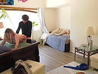 Curvy blonde stepmom bends over for doggystyle creampie from stepson in bedroom with big natural tits bouncing.