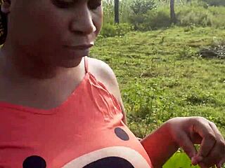 Adigun the farmer rides his wife's puffy pussy lips outdoors on the ranch. He dominates with his big black cock in the country setting.