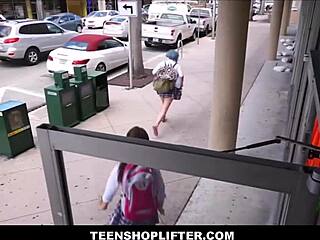 skinny blonde teen 18+ shoplifter hints at petite ass and small tits while getting fucked by horny mall cop with big black cock