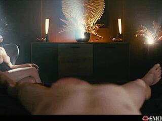 French brunette with huge fake tits masturbates while smoking cigarette and talking dirty