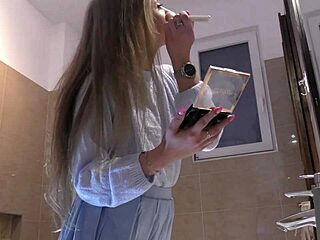 Hot Skinny Long Hair Blonde Wife Wears New Blue Super Short Miniskirt Over White Cotton Panties