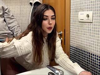 this cute petite teen with natural tits gets horny for rough sex with her boss in the bathroom, all caught on camera for intense cumshot finish.