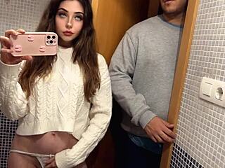 this cute petite teen with natural tits gets horny for rough sex with her boss in the bathroom, all caught on camera for intense cumshot finish.