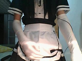 Little femboy maid swallows own cum