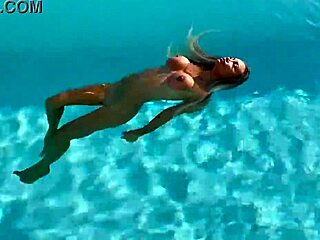 gorgeous monika fox dives into the pool naked, her big tits and pierced nipples shining under the sun in this adorable solo scene