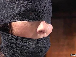 Hairy pussy beauty bound in hogtie endures rough caning and bondage pain