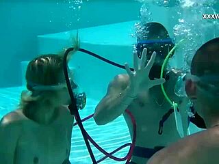 Cum sprays everywhere in the pool from Cruz's hardcore blowjobs underwater