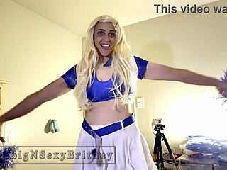 Big n sexy Britney as cheerleader teases with striptease before deepthroat blowjob, anal fucking, cumshot facial, and swallow in homemade pov