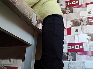 Stepsister Feels Overwhelmed By Intense Solo Masturbation On Desk In Tight Jeans Leading To Multiple Moaning Orgasms