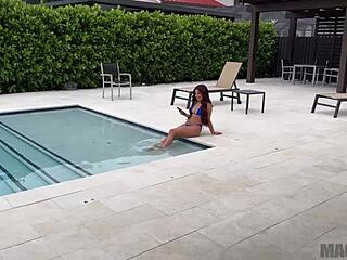 Pretty Innocent Neighbor Sneaks Poolside for Big Cock Blowjob and Doggystyle Fuck with Vanessa Marie and JMac