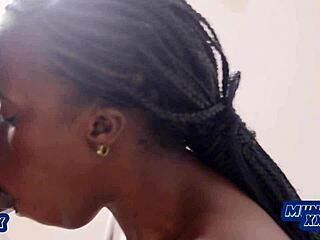 Horny ebony teen gives best blowjob with cum inside mouth while he can't control throbbing dick in homemade close up.