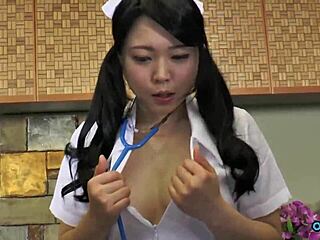 Asian nurse in stockings costume flashes at hospital, then gives blowjob to patient and takes cum in mouth.