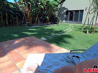 Busty cougar Shay Sights fucking outdoors by pool with tits bouncing