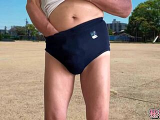 Girls dressed in uniforms for outdoor physical education class with solo masturbation moments
